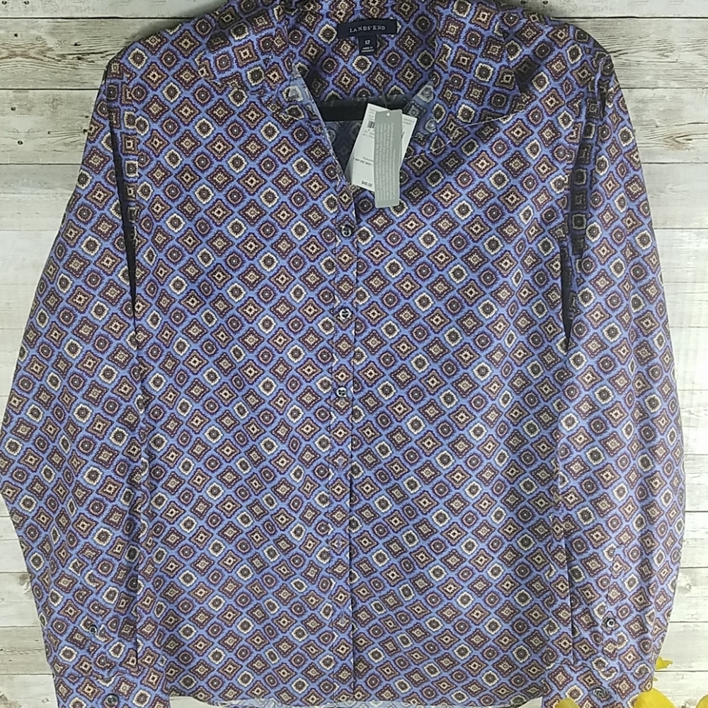 Lands' End, 0018, Blue Toile Prnt Shirt, Sz 12 - Picture 1 of 6